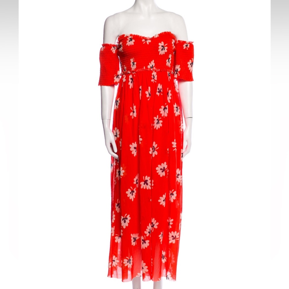 GANNI Tilden Off The Shoulder Smocked Midi Red Orange Floral Print Dress M